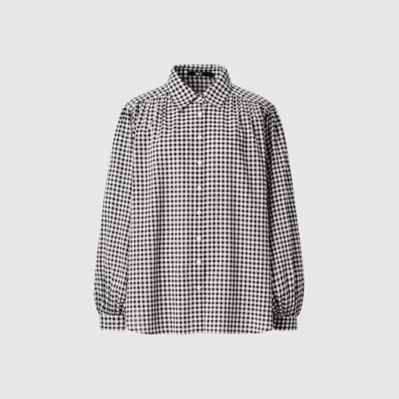 NWT Uniqlo Gathered Checked Volume Long Sleeve Blouse - Picture 2 of 6